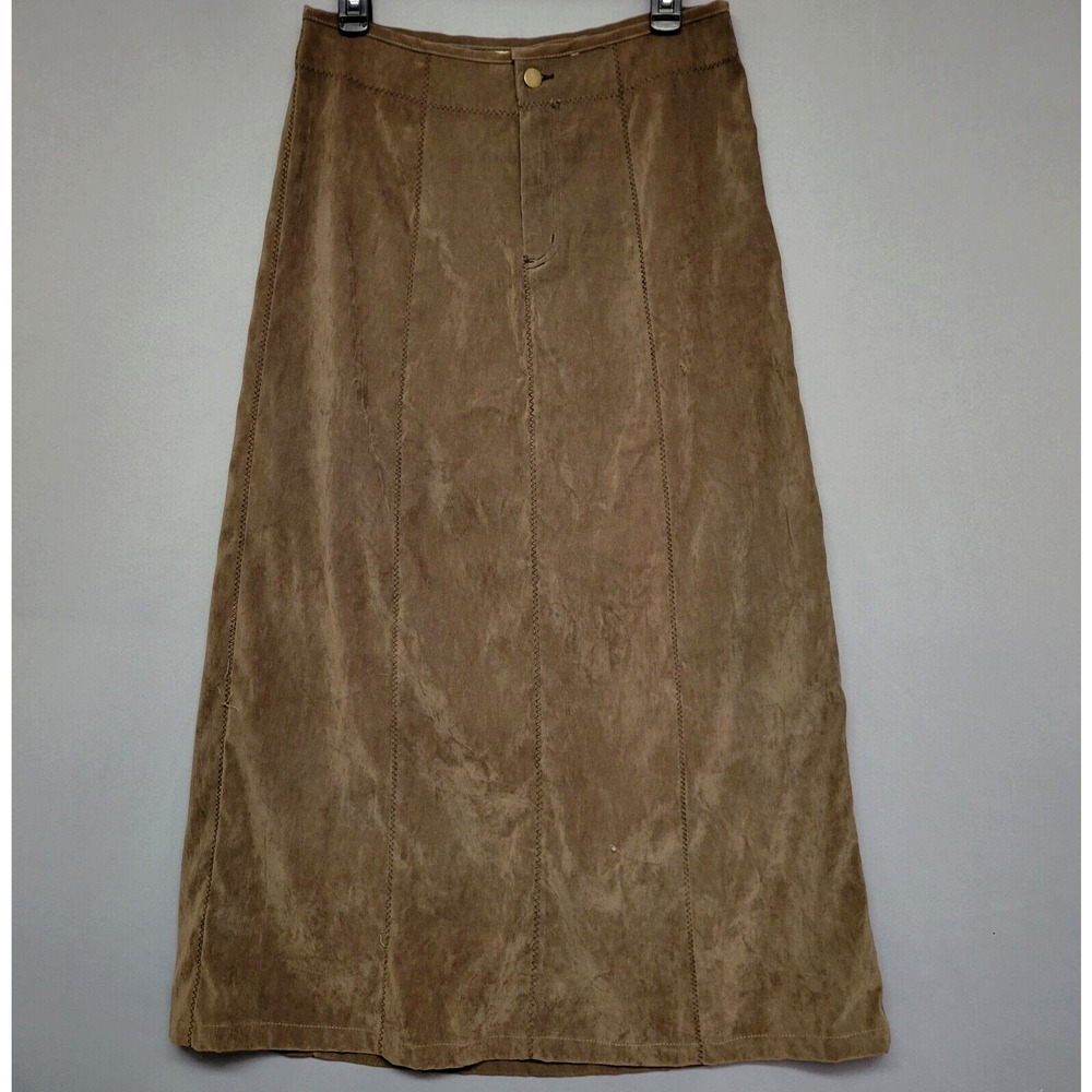 Wild Cat Maxi Modest Skirt‎ Womens Med Brown Velour Zig -Zag Trim Stitch Stretch